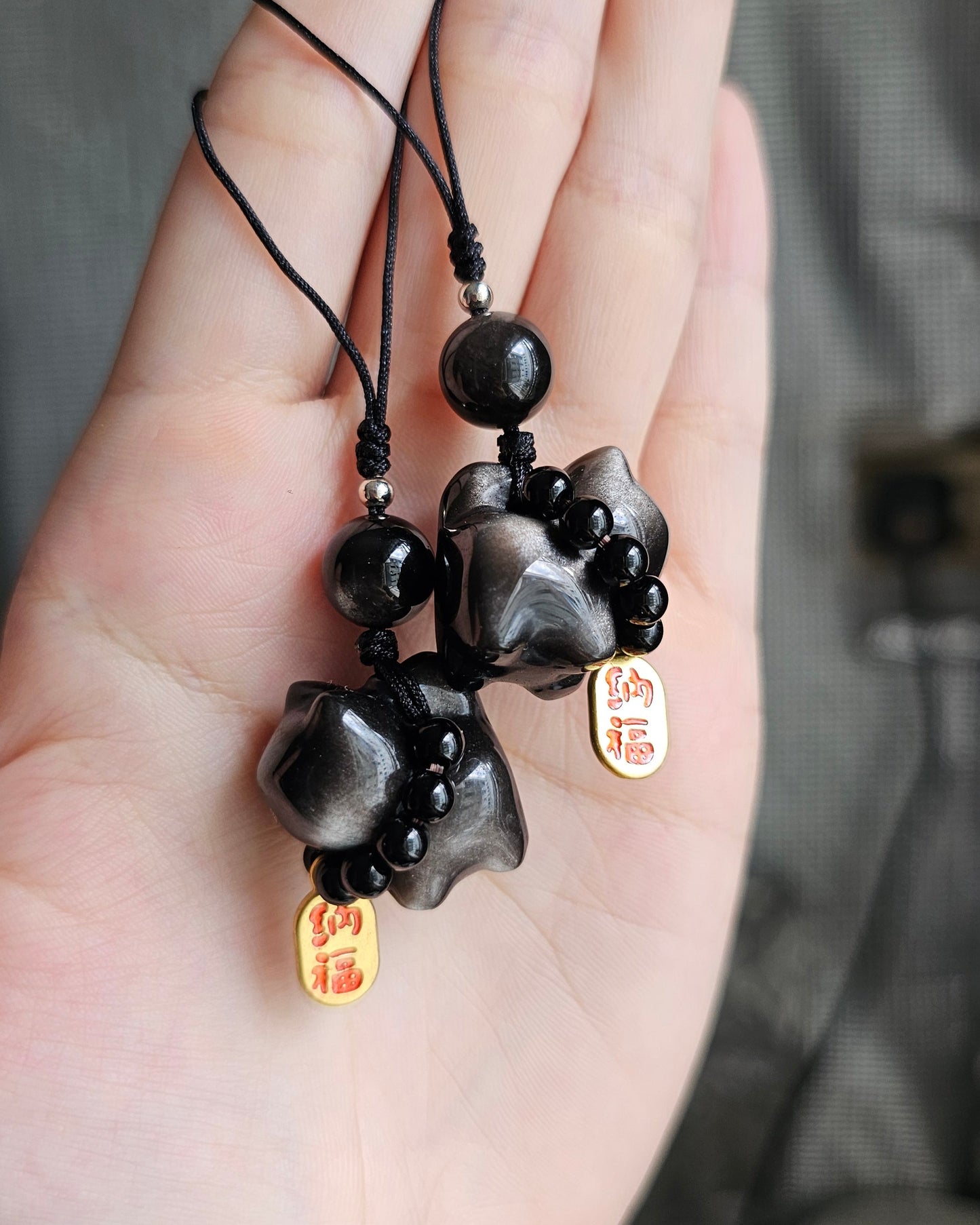 Silver Sheen Obsidian Cat Charm