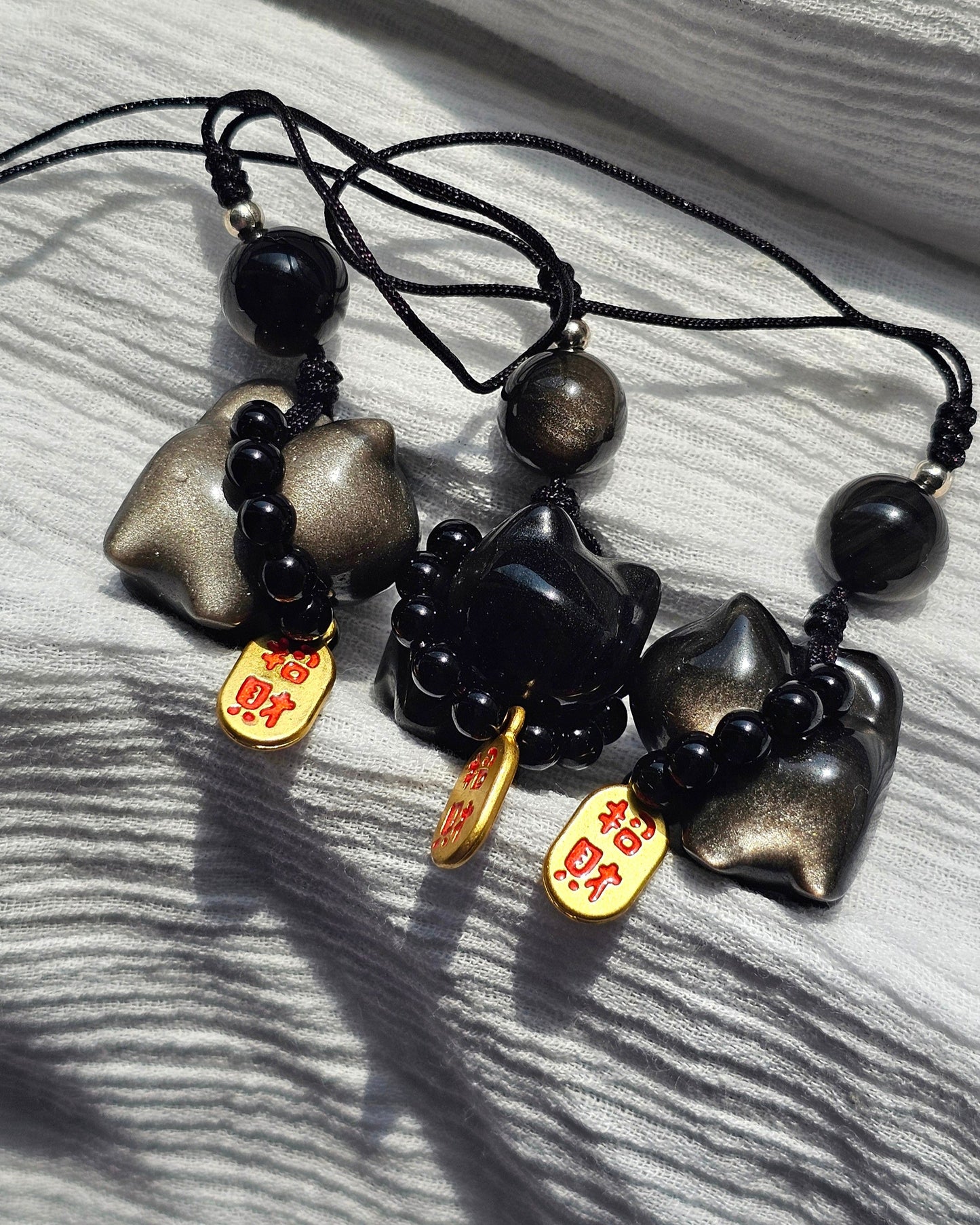 Silver Sheen Obsidian Cat Charm