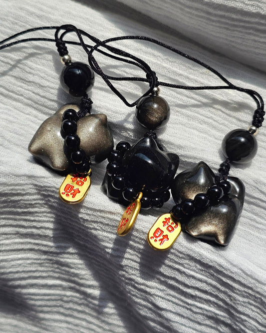 Silver Sheen Obsidian Cat Charm